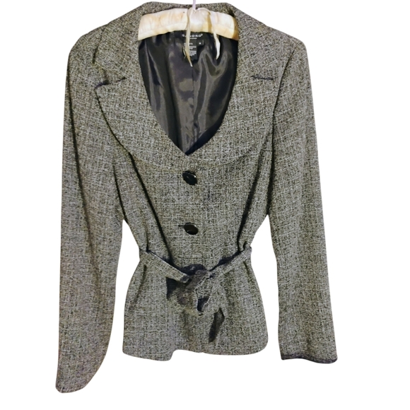 Women's Sandro Grey Tweed 3 Button Blazer Jacket Size M Wideset Lapell With Tie - Picture 1 of 9